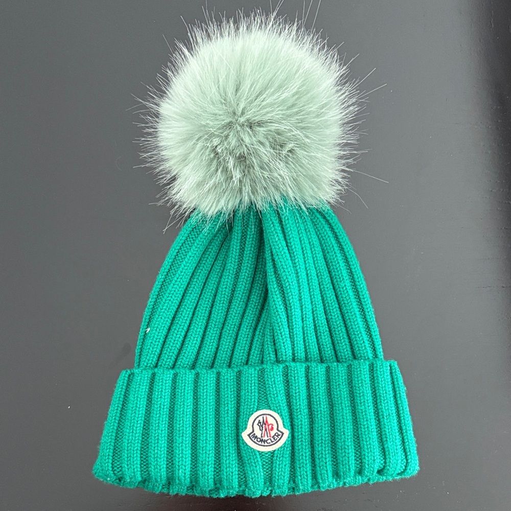Moncler green Ribbed Beanie with Fluffy Pom Pom